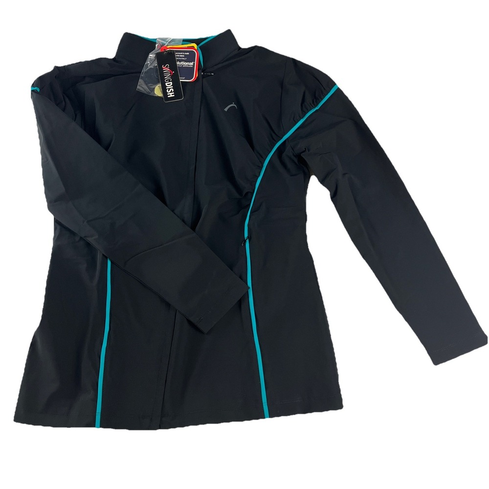 SwingDish Golf Jacket Womens Medium Black Teal Revolutional Full Zip Windbreaker